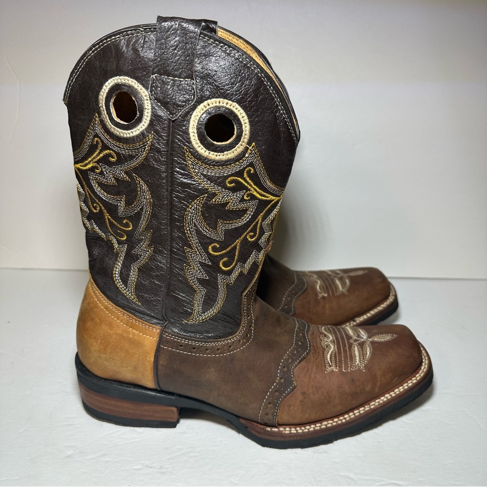 Mens Cowboy Tri-Color Tan Brown Leather Square Toe Rodeo Ranch Western Boots 9.5